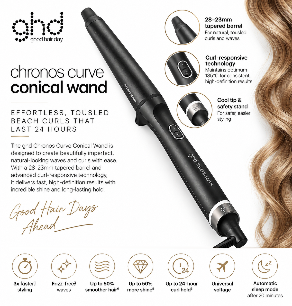 GHD Chronos Curve Conical 1"-0.9" Curling Wand