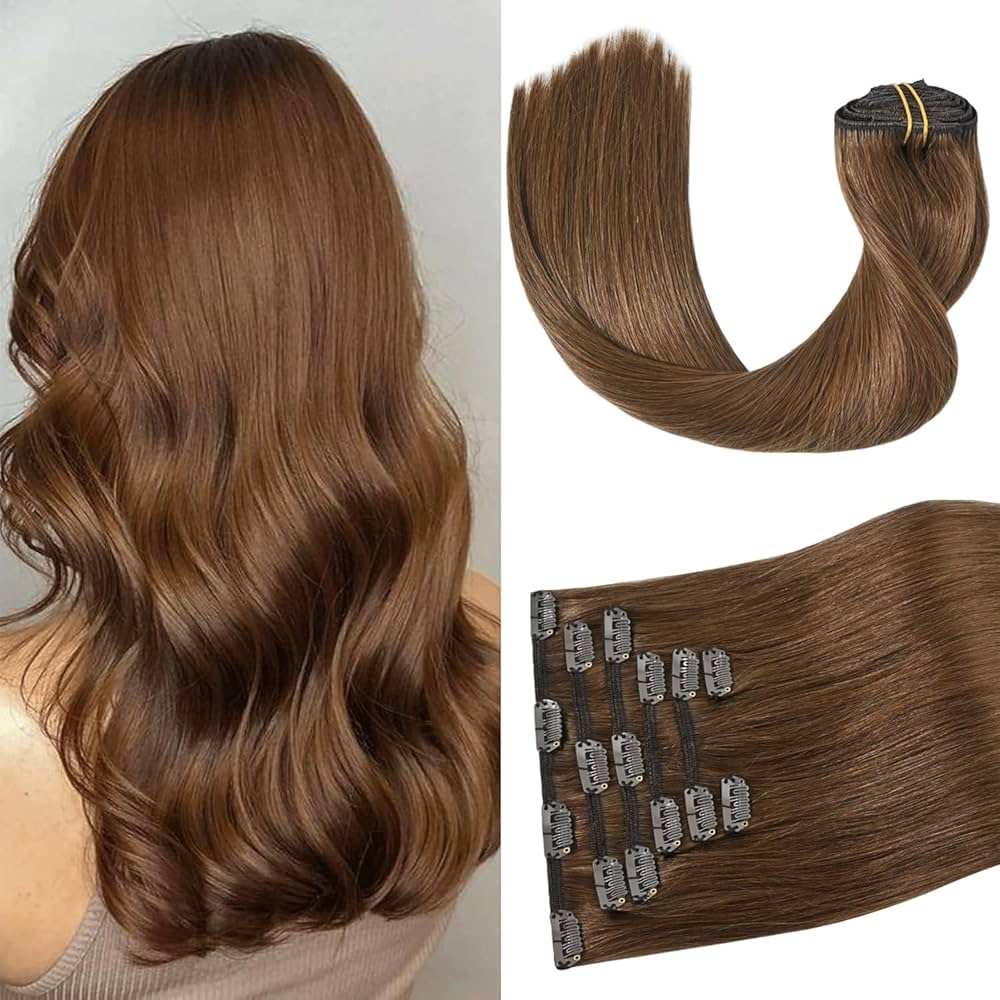 HONEY LOCKS 100% Remy Human Hair Clip-In Extensions 20"/ #8 Light Brown / 200g