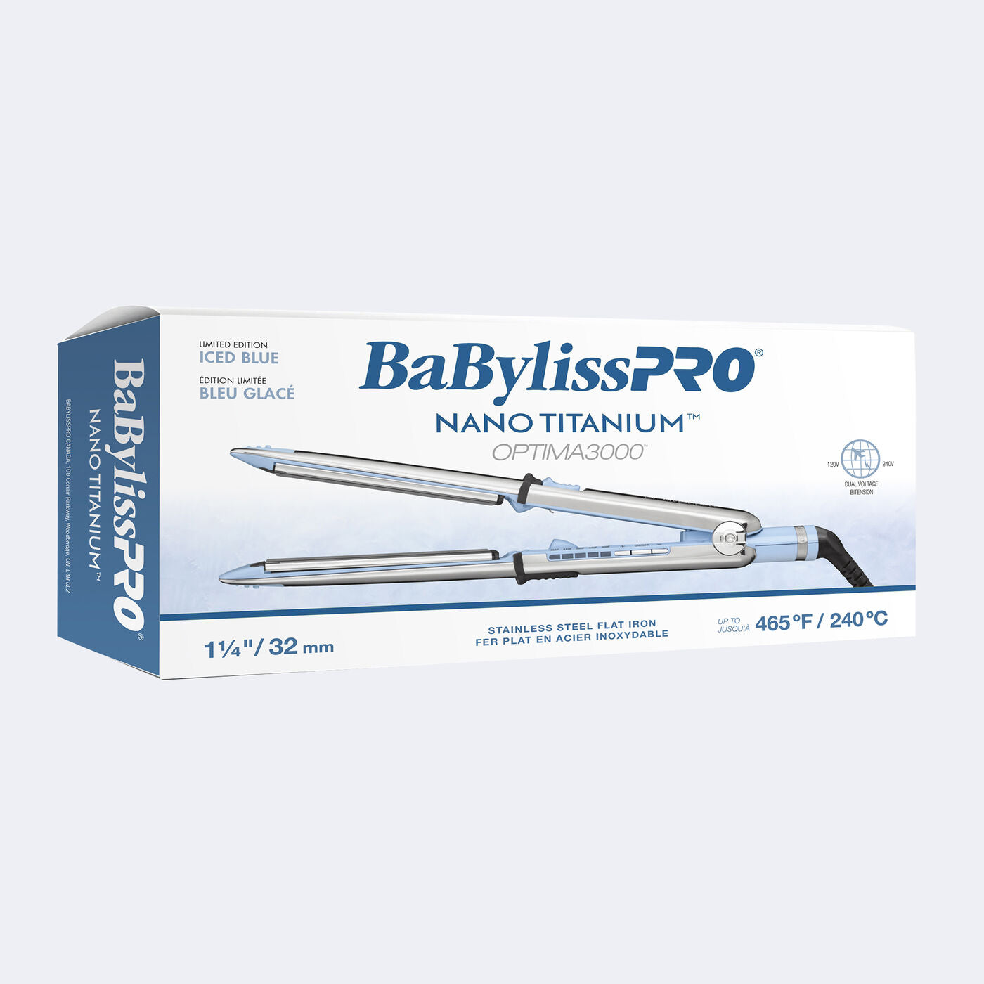 BaBylissPRO Nano Titanium Optima3000 Stainless Steel Flat Iron 1¼” / 32 mm (Iced Blue - Limited Edition)